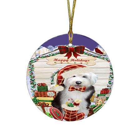 Happy Holidays Christmas Old English Sheepdog House With Presents Round Flat Christmas Ornament RFPOR52101