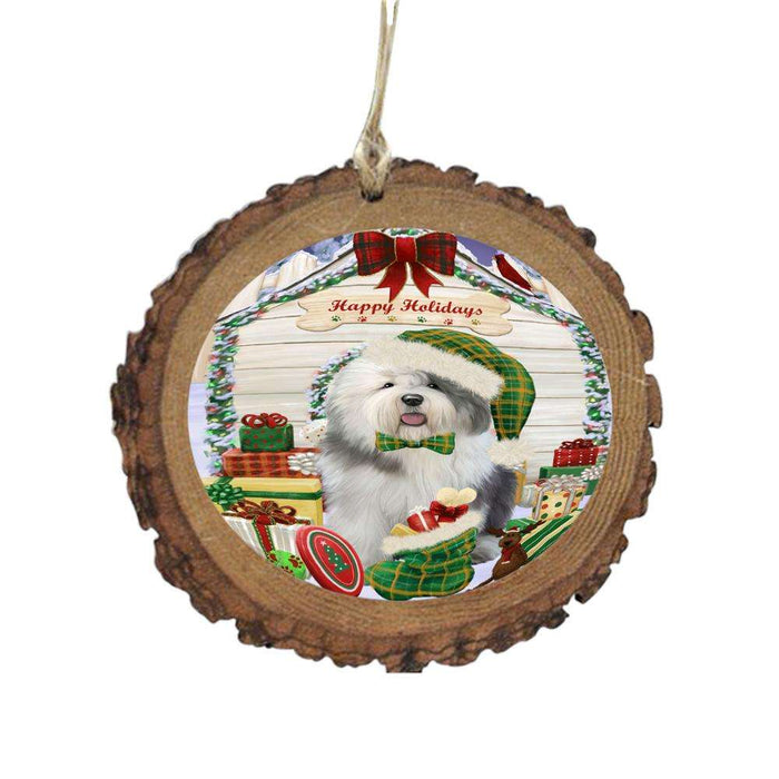Happy Holidays Christmas Old English Sheepdog House With Presents Wooden Christmas Ornament WOR49902