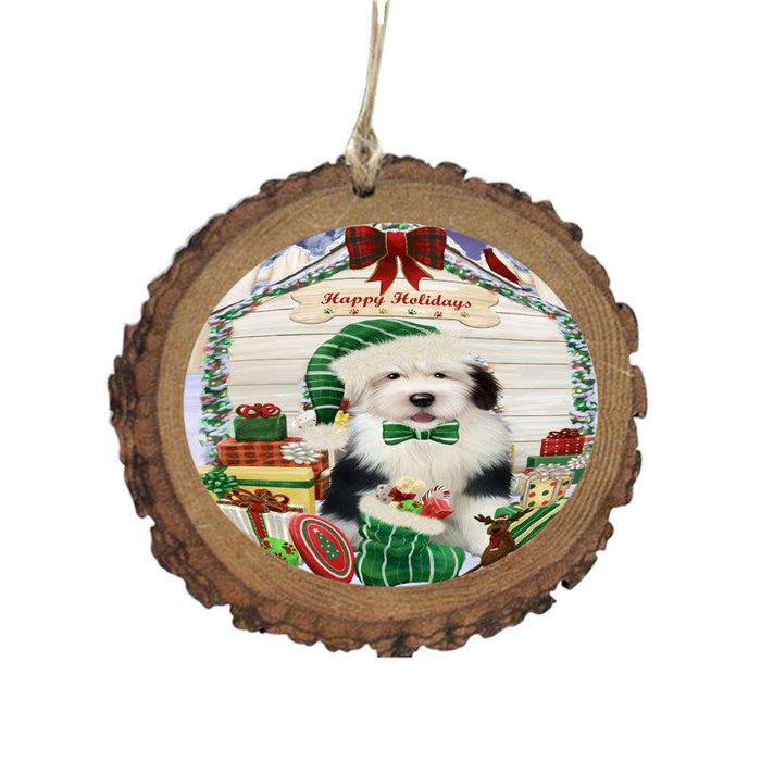 Happy Holidays Christmas Old English Sheepdog House With Presents Wooden Christmas Ornament WOR49903
