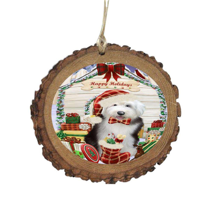 Happy Holidays Christmas Old English Sheepdog House With Presents Wooden Christmas Ornament WOR49904