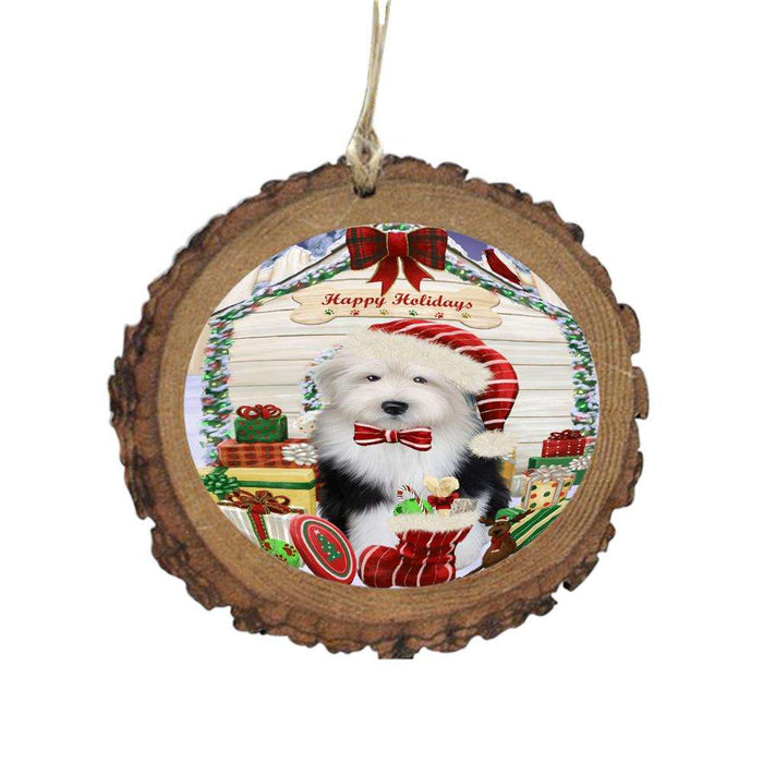 Happy Holidays Christmas Old English Sheepdog House With Presents Wooden Christmas Ornament WOR49905