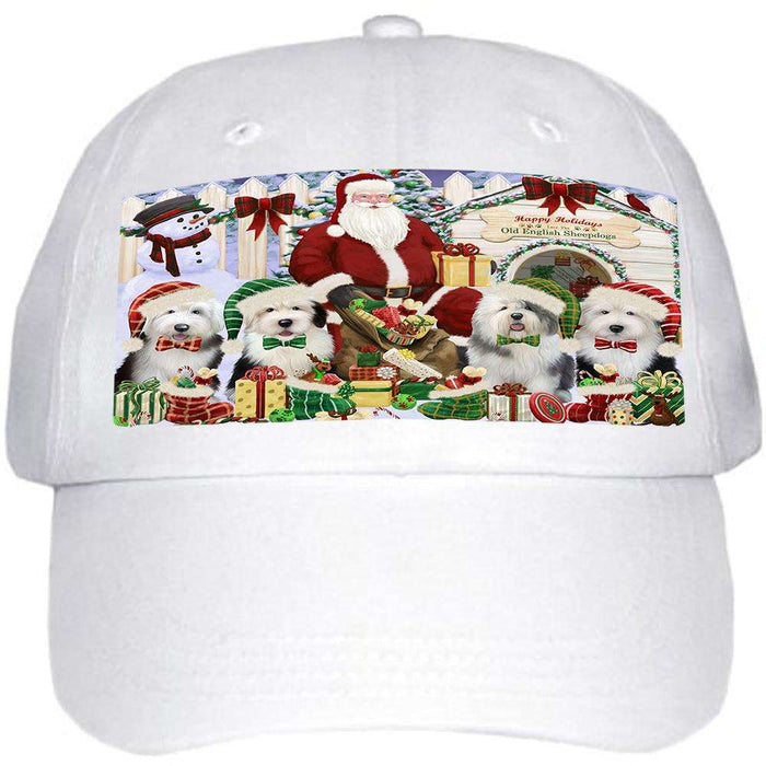 Happy Holidays Christmas Old English Sheepdogs Dog House Gathering Ball Hat Cap HAT60150