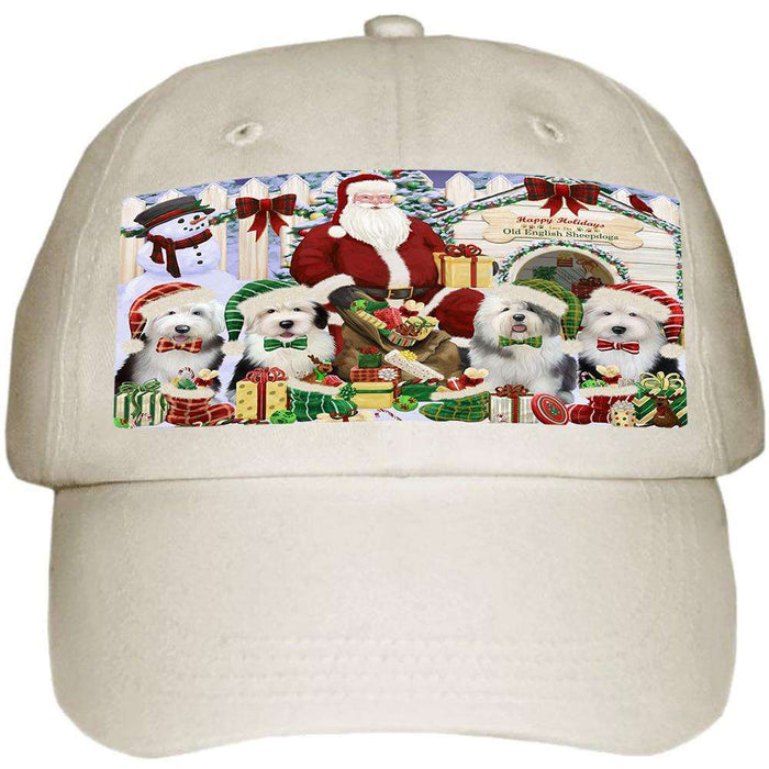 Happy Holidays Christmas Old English Sheepdogs Dog House Gathering Ball Hat Cap HAT60150