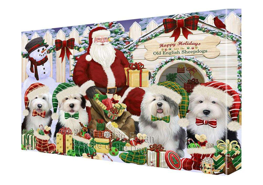 Happy Holidays Christmas Old English Sheepdogs Dog House Gathering Canvas Print Wall Art Décor CVS86048