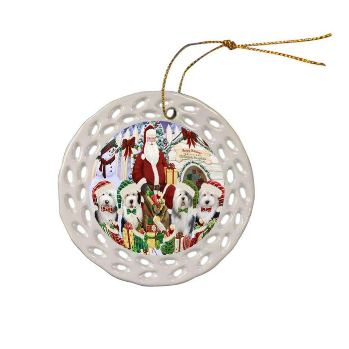 Happy Holidays Christmas Old English Sheepdogs Dog House Gathering Ceramic Doily Ornament DPOR52087
