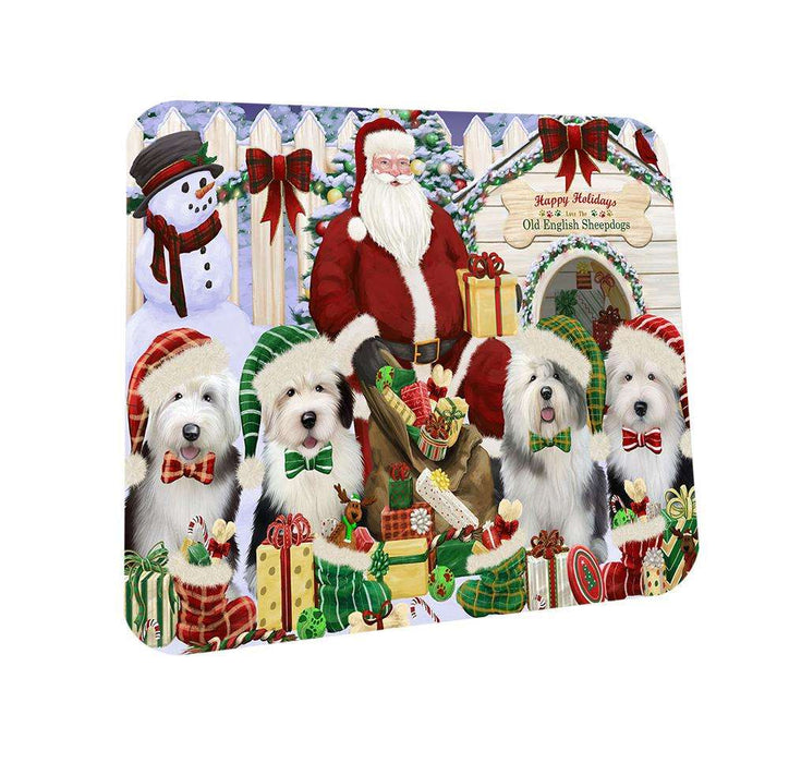 Happy Holidays Christmas Old English Sheepdogs Dog House Gathering Coasters Set of 4 CST52046