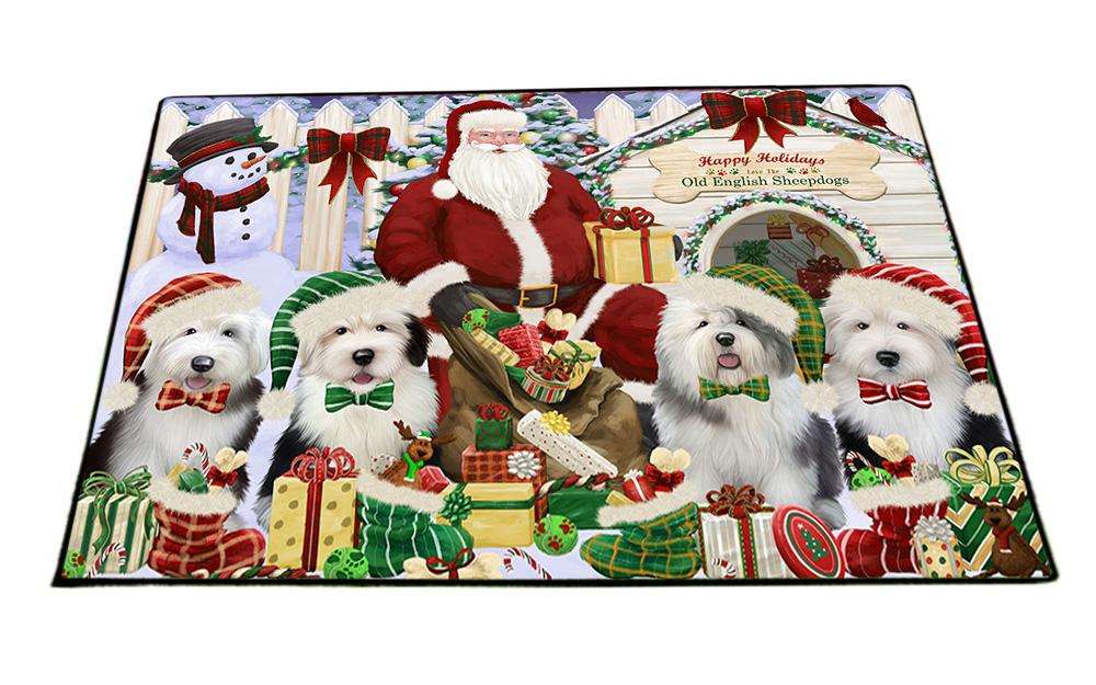 Happy Holidays Christmas Old English Sheepdogs Dog House Gathering Floormat FLMS51489