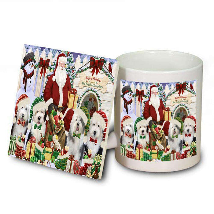 Happy Holidays Christmas Old English Sheepdogs Dog House Gathering Mug and Coaster Set MUC52079