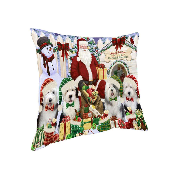 Happy Holidays Christmas Old English Sheepdogs Dog House Gathering Pillow PIL64712