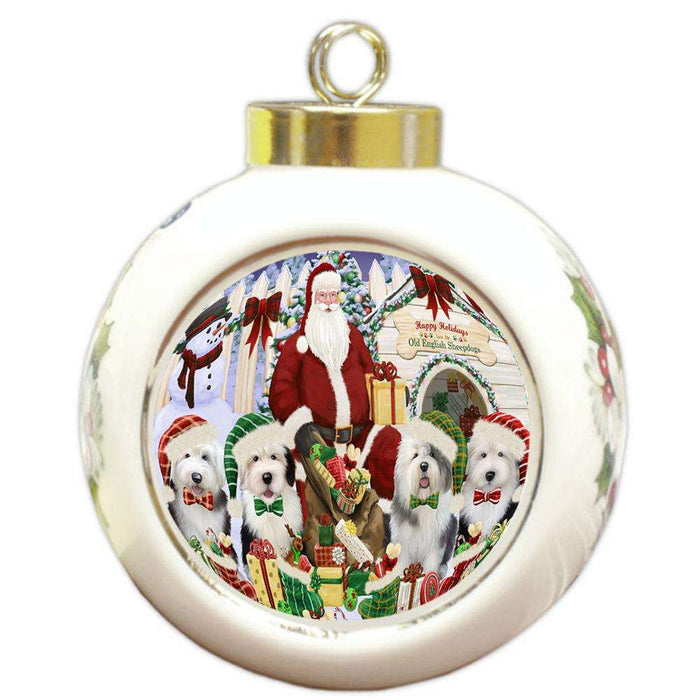 Happy Holidays Christmas Old English Sheepdogs Dog House Gathering Round Ball Christmas Ornament RBPOR52087