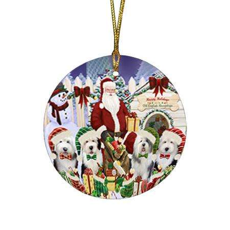 Happy Holidays Christmas Old English Sheepdogs Dog House Gathering Round Flat Christmas Ornament RFPOR52078
