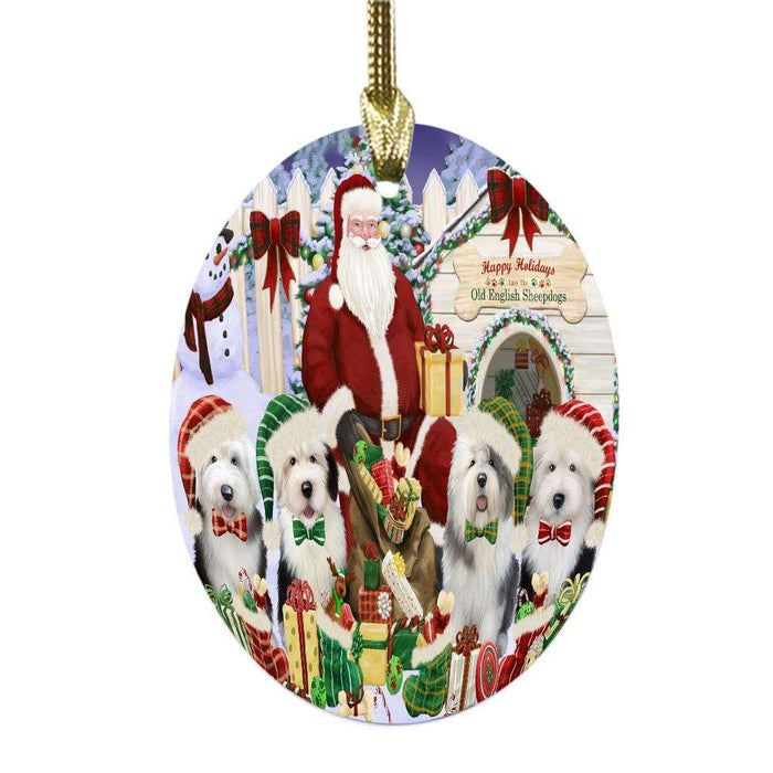 Happy Holidays Christmas Old English Sheepdogs House Gathering Oval Glass Christmas Ornament OGOR49712