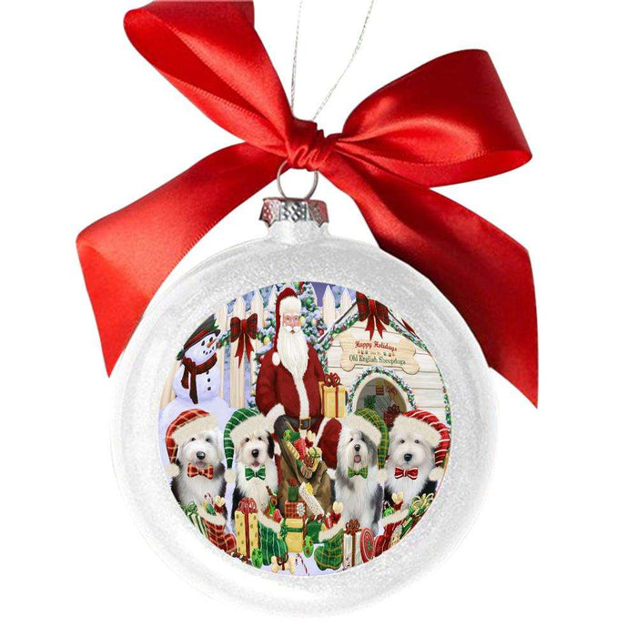Happy Holidays Christmas Old English Sheepdogs House Gathering White Round Ball Christmas Ornament WBSOR49712