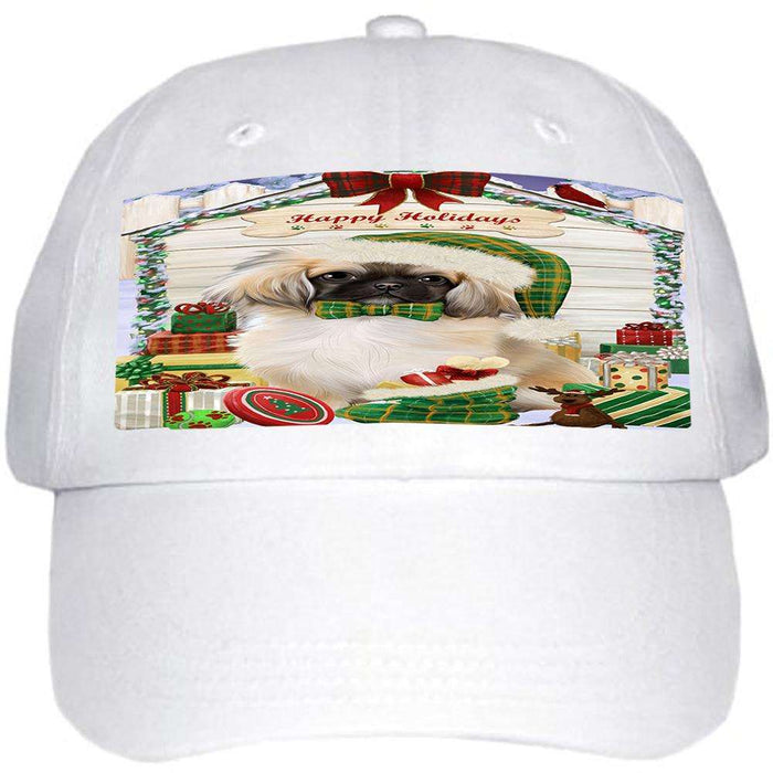 Happy Holidays Christmas Pekingese Dog House With Presents Ball Hat Cap HAT60225