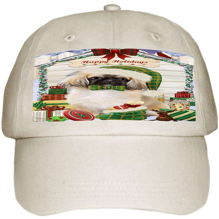 Happy Holidays Christmas Pekingese Dog House With Presents Ball Hat Cap HAT60225