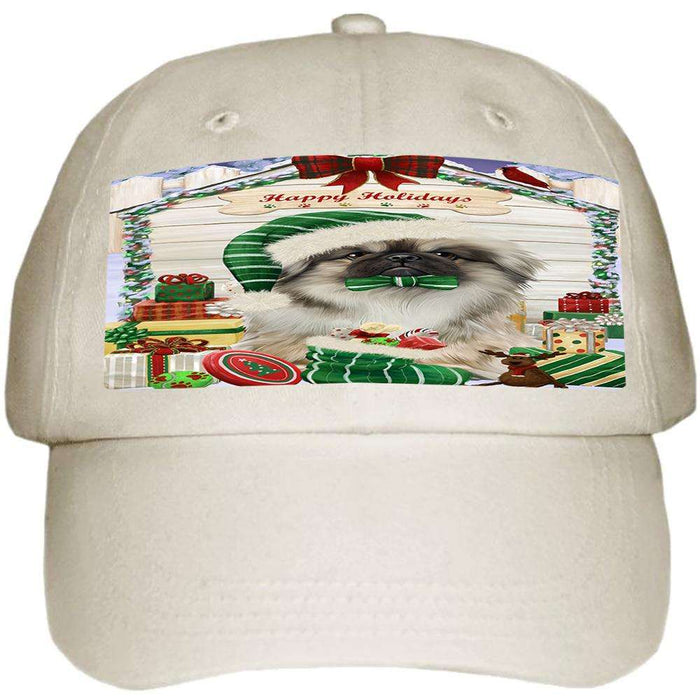 Happy Holidays Christmas Pekingese Dog House With Presents Ball Hat Cap HAT60228