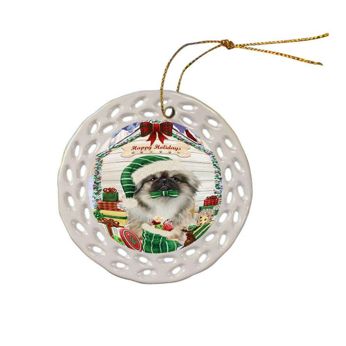 Happy Holidays Christmas Pekingese Dog House With Presents Ceramic Doily Ornament DPOR52113