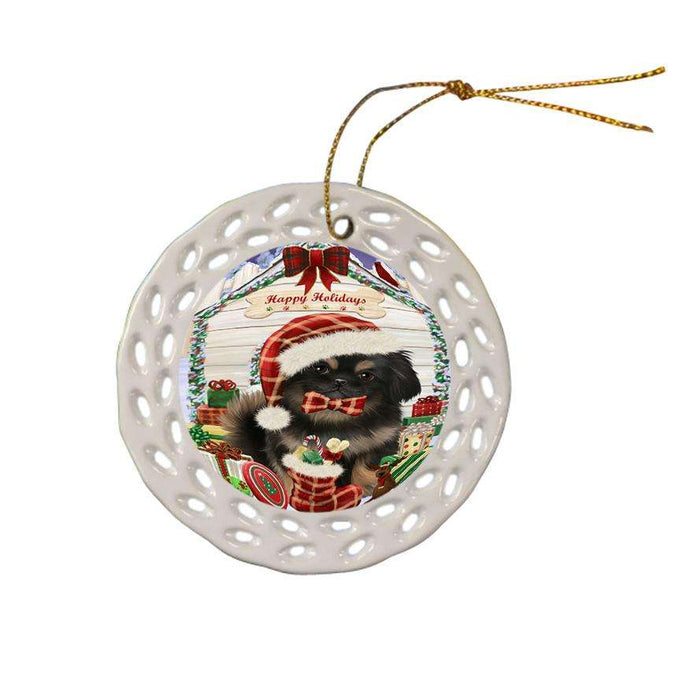 Happy Holidays Christmas Pekingese Dog House With Presents Ceramic Doily Ornament DPOR52114