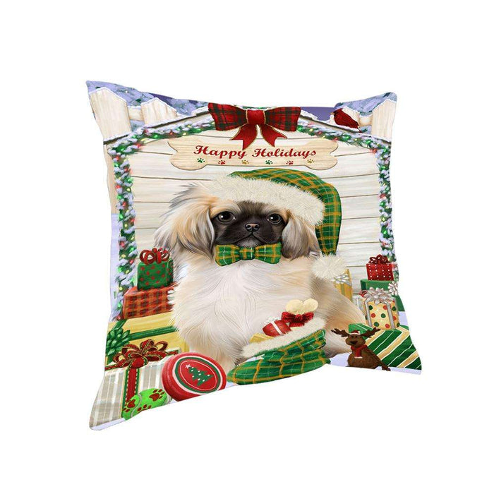Happy Holidays Christmas Pekingese Dog House With Presents Pillow PIL64812