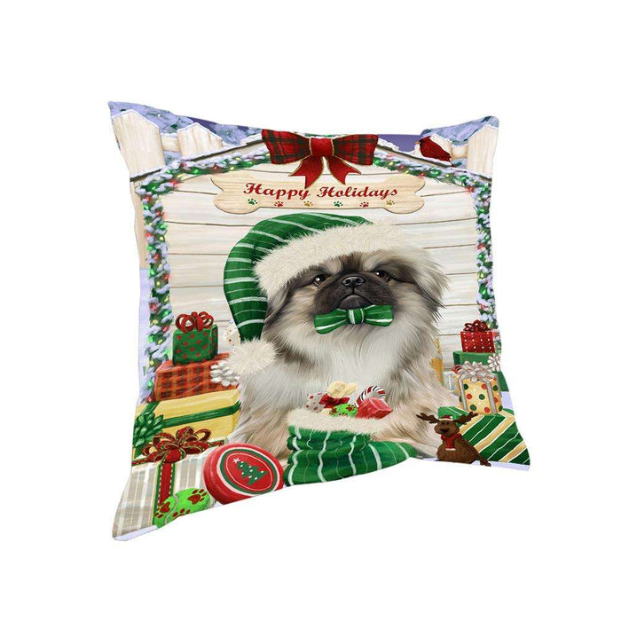Happy Holidays Christmas Pekingese Dog House With Presents Pillow PIL64816