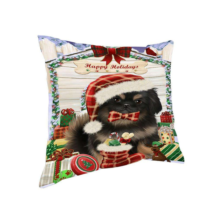 Happy Holidays Christmas Pekingese Dog House With Presents Pillow PIL64820