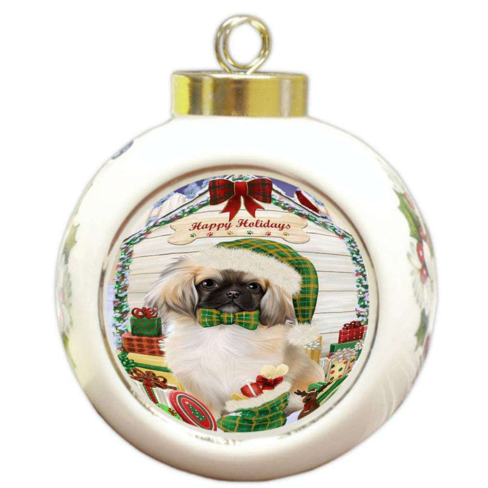 Happy Holidays Christmas Pekingese Dog House With Presents Round Ball Christmas Ornament RBPOR52112