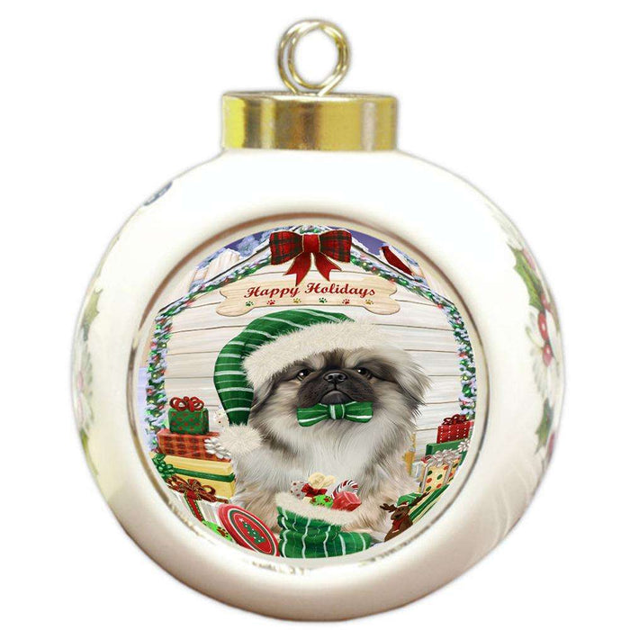 Happy Holidays Christmas Pekingese Dog House With Presents Round Ball Christmas Ornament RBPOR52113
