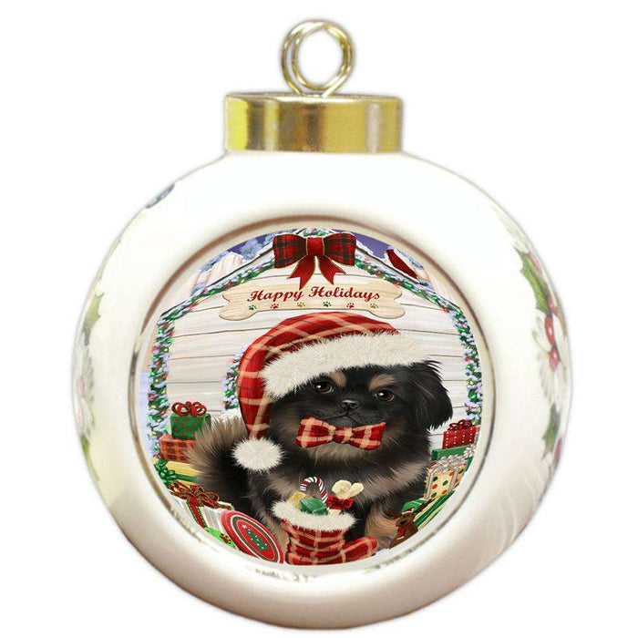 Happy Holidays Christmas Pekingese Dog House With Presents Round Ball Christmas Ornament RBPOR52114