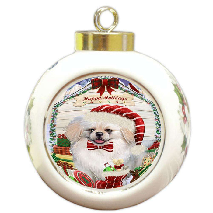Happy Holidays Christmas Pekingese Dog House With Presents Round Ball Christmas Ornament RBPOR52115