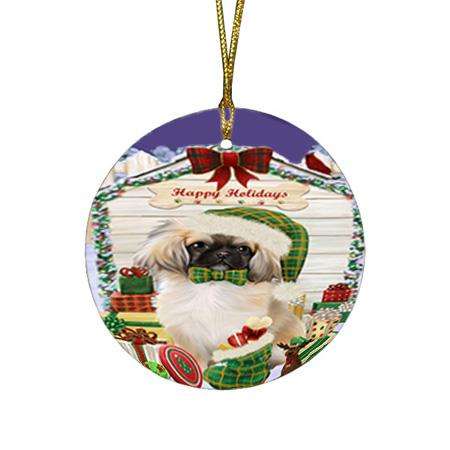 Happy Holidays Christmas Pekingese Dog House With Presents Round Flat Christmas Ornament RFPOR52103