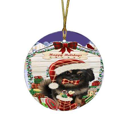 Happy Holidays Christmas Pekingese Dog House With Presents Round Flat Christmas Ornament RFPOR52105