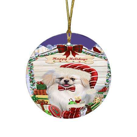Happy Holidays Christmas Pekingese Dog House With Presents Round Flat Christmas Ornament RFPOR52106