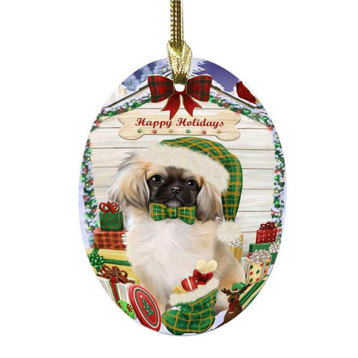 Happy Holidays Christmas Pekingese House With Presents Oval Glass Christmas Ornament OGOR49906