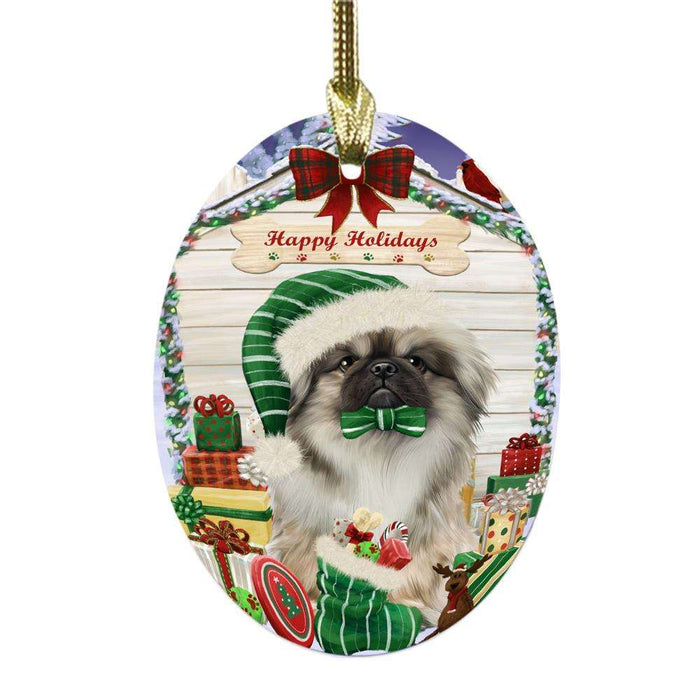 Happy Holidays Christmas Pekingese House With Presents Oval Glass Christmas Ornament OGOR49907