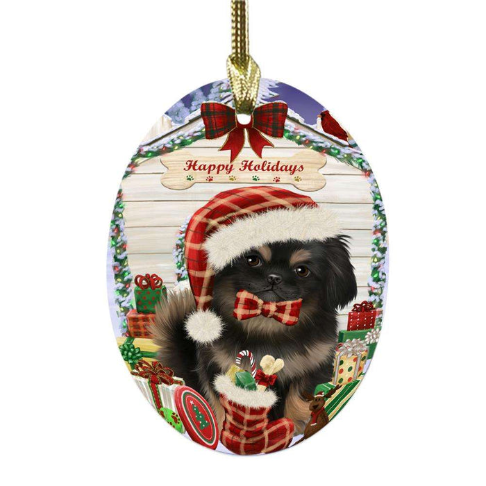 Happy Holidays Christmas Pekingese House With Presents Oval Glass Christmas Ornament OGOR49908
