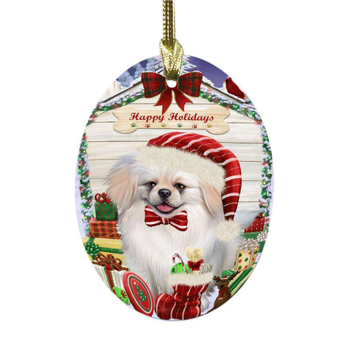 Happy Holidays Christmas Pekingese House With Presents Oval Glass Christmas Ornament OGOR49909
