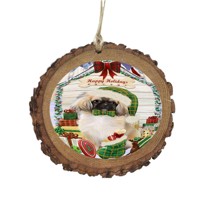 Happy Holidays Christmas Pekingese House With Presents Wooden Christmas Ornament WOR49906