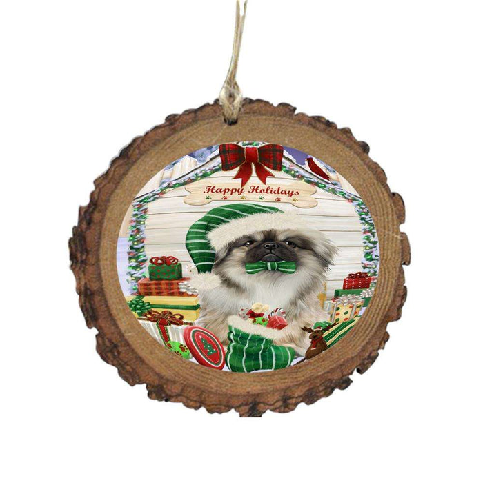 Happy Holidays Christmas Pekingese House With Presents Wooden Christmas Ornament WOR49907
