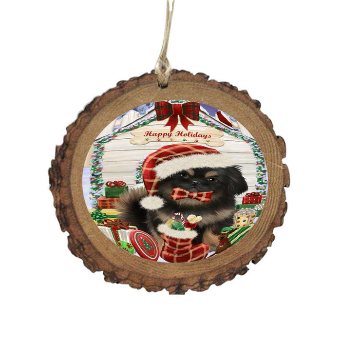 Happy Holidays Christmas Pekingese House With Presents Wooden Christmas Ornament WOR49908