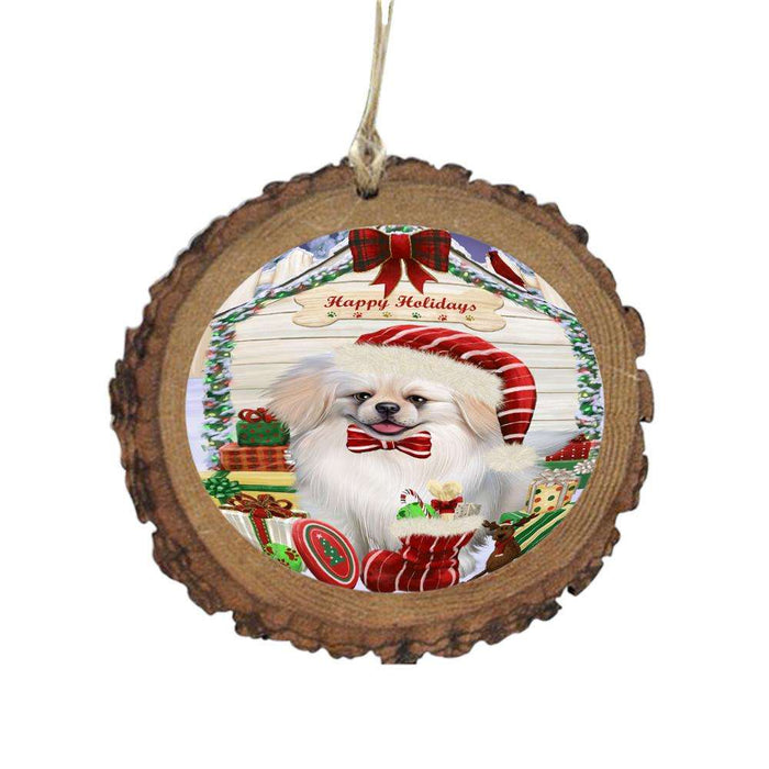Happy Holidays Christmas Pekingese House With Presents Wooden Christmas Ornament WOR49909