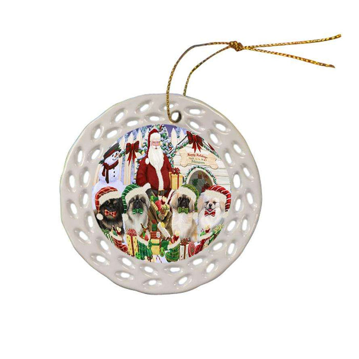 Happy Holidays Christmas Pekingeses Dog House Gathering Ceramic Doily Ornament DPOR52088