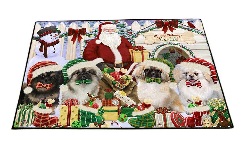 Happy Holidays Christmas Pekingeses Dog House Gathering Floormat FLMS51492
