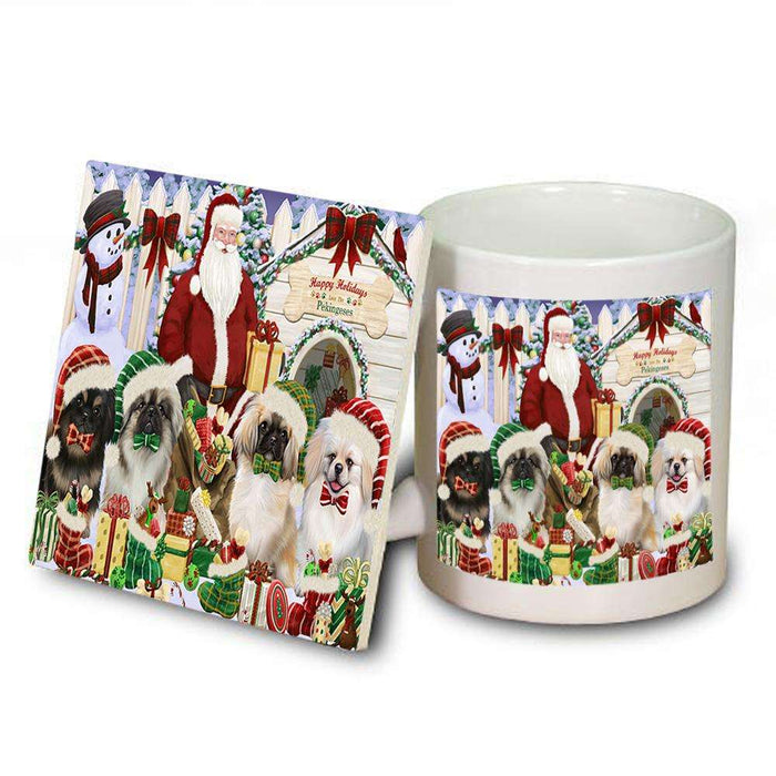 Happy Holidays Christmas Pekingeses Dog House Gathering Mug and Coaster Set MUC52080