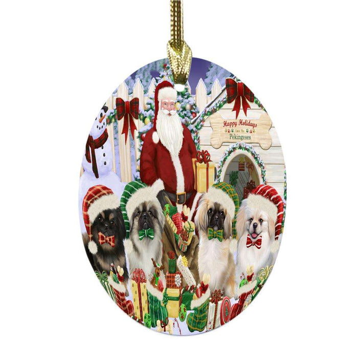 Happy Holidays Christmas Pekingeses Dog House Gathering Oval Glass Christmas Ornament OGOR49713