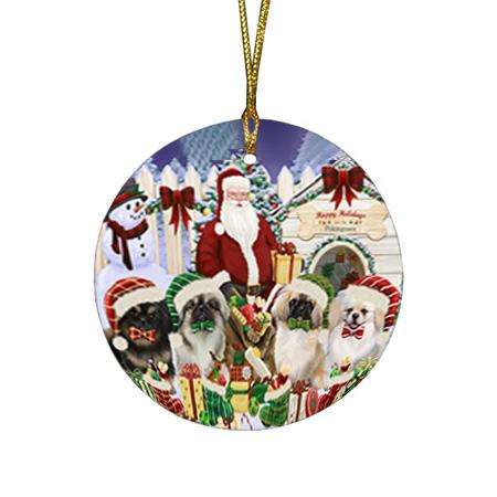 Happy Holidays Christmas Pekingeses Dog House Gathering Round Flat Christmas Ornament RFPOR52079