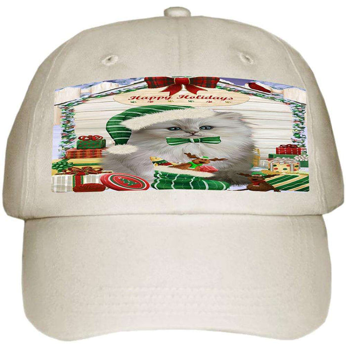 Happy Holidays Christmas Persian Cat House With Presents Ball Hat Cap HAT58164