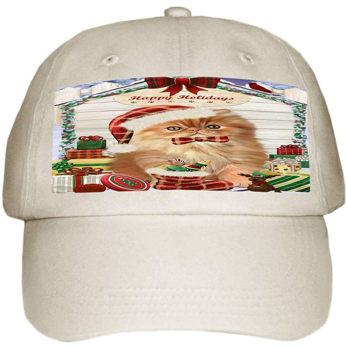 Happy Holidays Christmas Persian Cat House With Presents Ball Hat Cap HAT58167