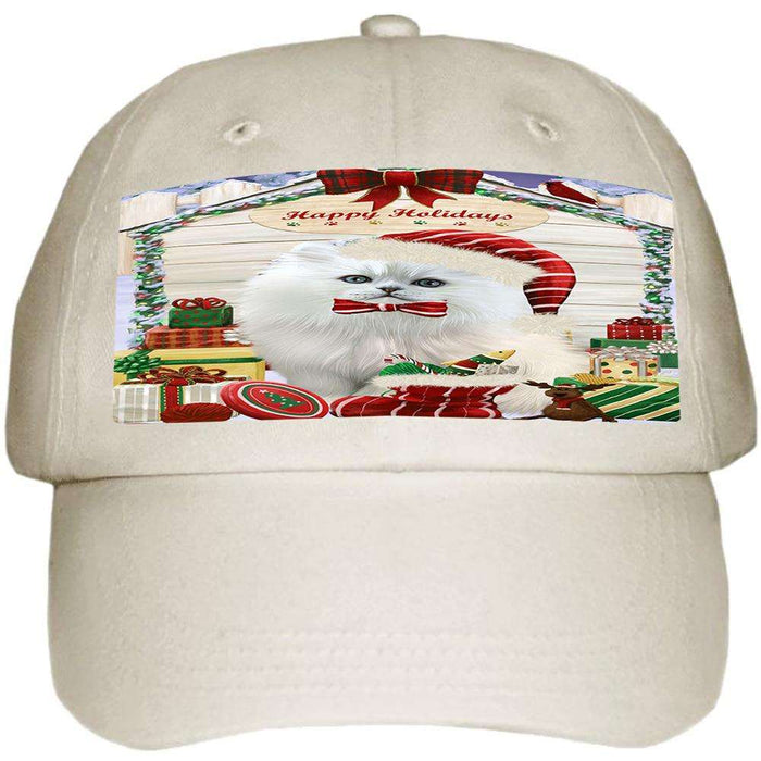 Happy Holidays Christmas Persian Cat House With Presents Ball Hat Cap HAT58170