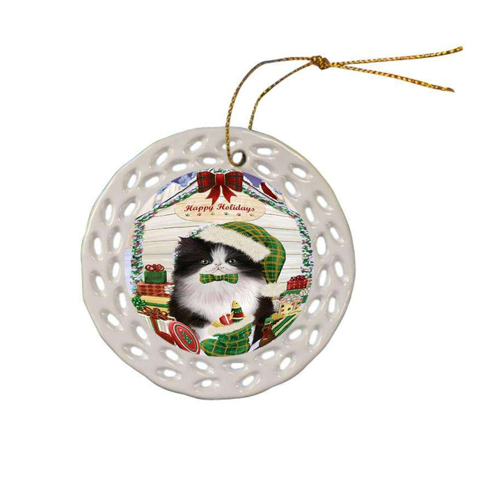 Happy Holidays Christmas Persian Cat House With Presents Ceramic Doily Ornament DPOR51476