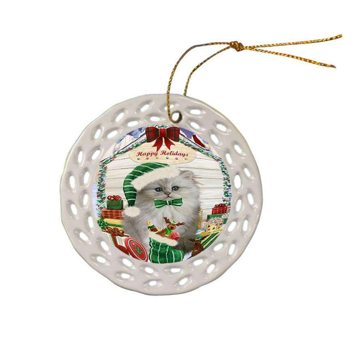 Happy Holidays Christmas Persian Cat House With Presents Ceramic Doily Ornament DPOR51477
